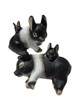 Vintage Pig Figurines with Piglets Black White Farm Collectible Decor Set of 2